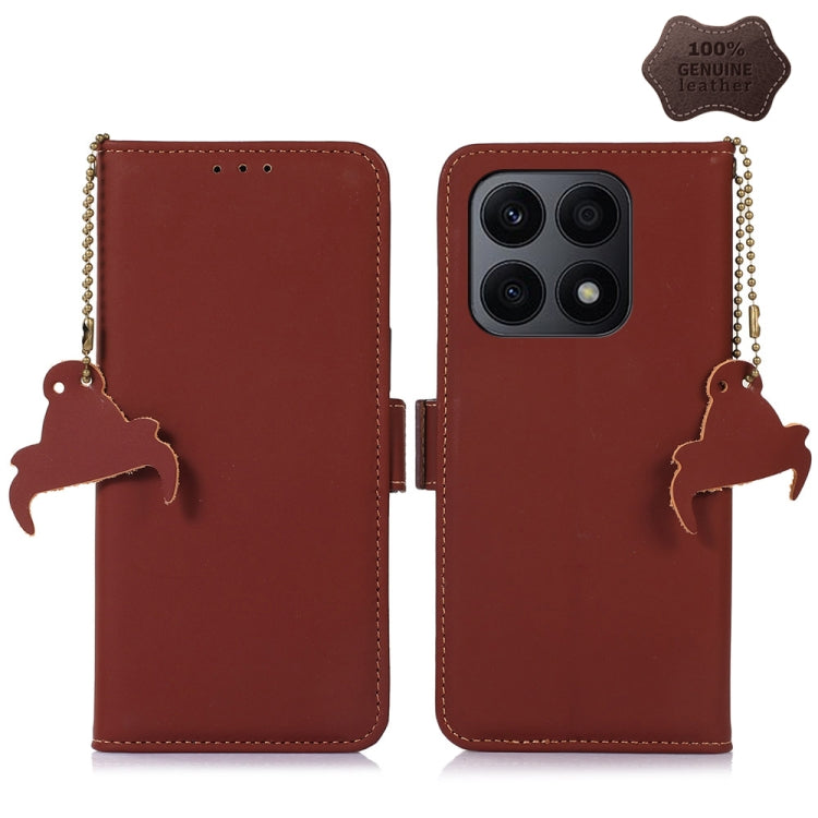Coffee brown genuine leather RFID phone case with magnetic closure, beaded strap, camera window