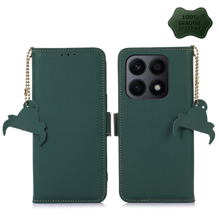 Green genuine leather RFID phone case with magnetic closure, beaded strap, camera window