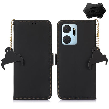 Black leather phone wallet case with multi-camera cutout and chain strap charm