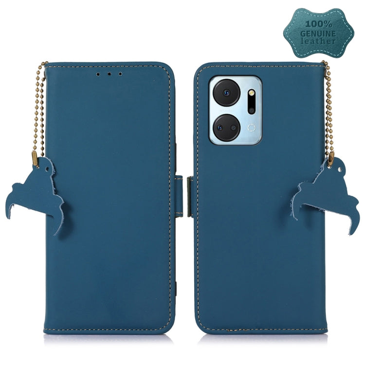 Blue genuine leather RFID phone case with magnetic closure, beaded strap, camera window