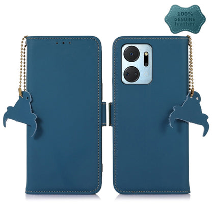 Blue genuine leather RFID phone case with magnetic closure, beaded strap, camera window