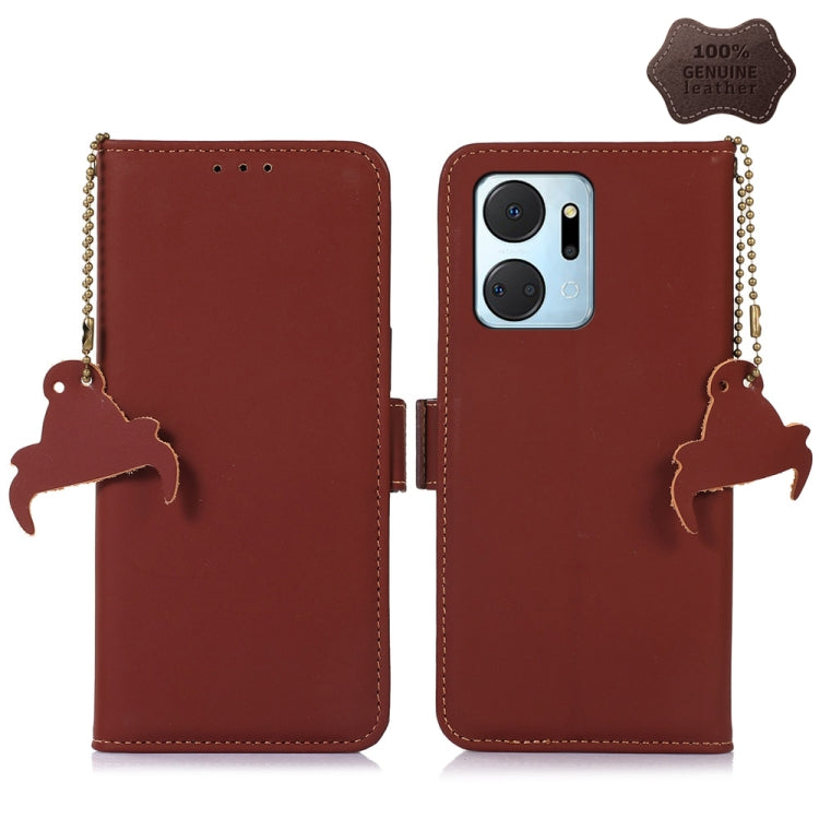 Coffee brown genuine leather RFID phone case with magnetic closure, beaded strap, camera window