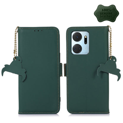 Green genuine leather RFID phone case with magnetic closure, beaded strap, camera window