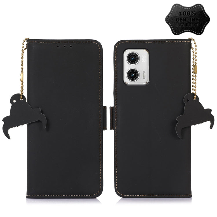 Black leather phone wallet case with single camera cutout and decorative charm