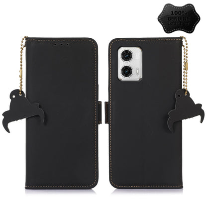 Black leather phone wallet case with single camera cutout and decorative charm