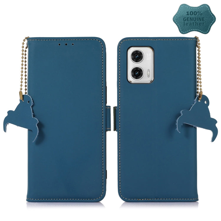 Blue genuine leather RFID phone case with magnetic closure, beaded strap, camera window