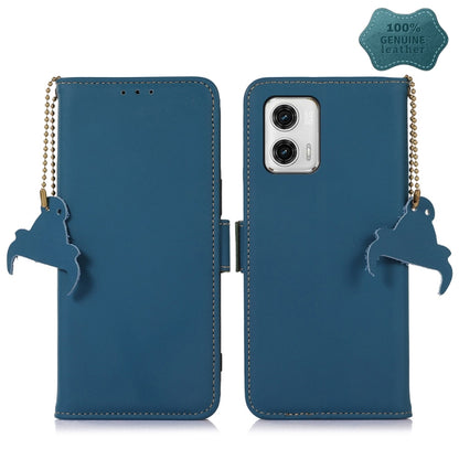 Blue genuine leather RFID phone case with magnetic closure, beaded strap, camera window