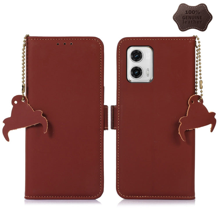 Coffee brown genuine leather RFID phone case with magnetic closure, beaded strap, camera window