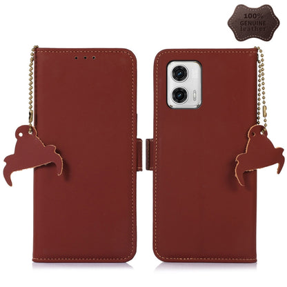 Coffee brown genuine leather RFID phone case with magnetic closure, beaded strap, camera window
