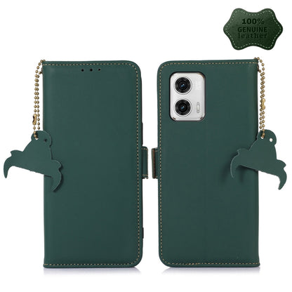 Genuine green leather phone case with chain charm, stitched edges, camera cutout