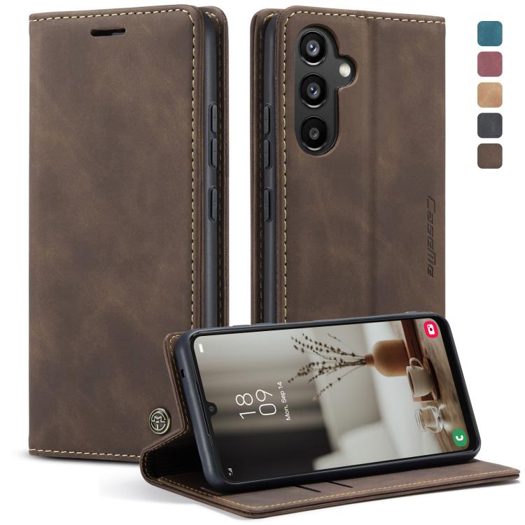 Brown leather wallet-style phone case with card slots and flip cover, stand mode