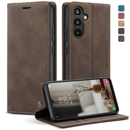 Brown leather wallet-style phone case with card slots and flip cover, stand mode