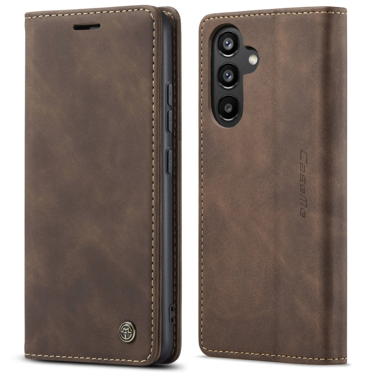 Brown leather flip phone case with camera cutout and stitched edges