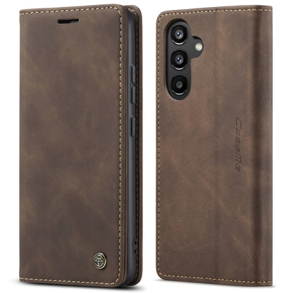 Brown leather flip phone case with camera cutout and stitched edges