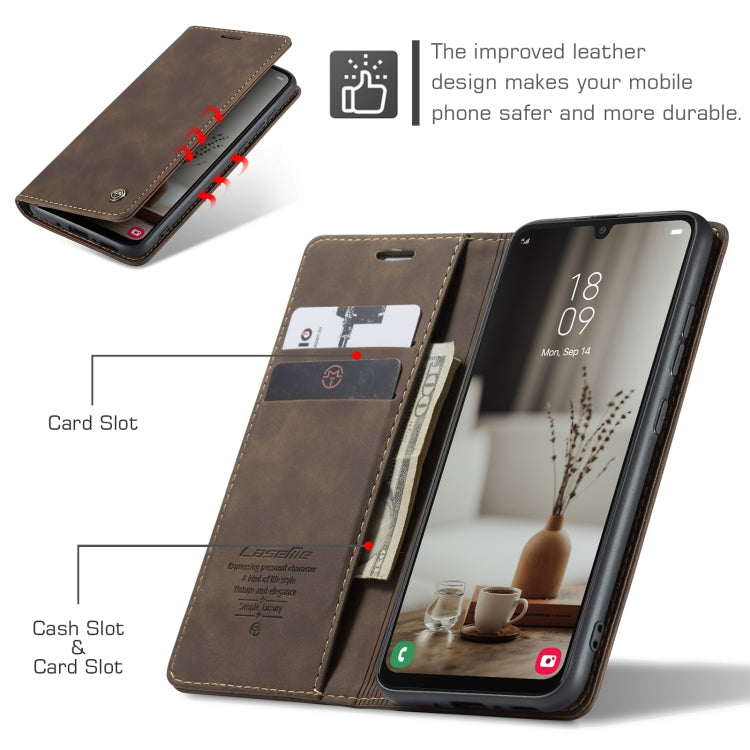 Brown leather flip phone case showing card and cash slots plus front stand