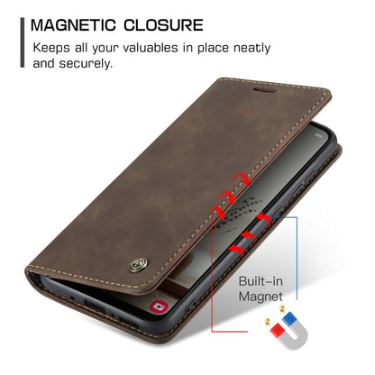 Brown leather flip phone case with built-in magnet closure and stand position
