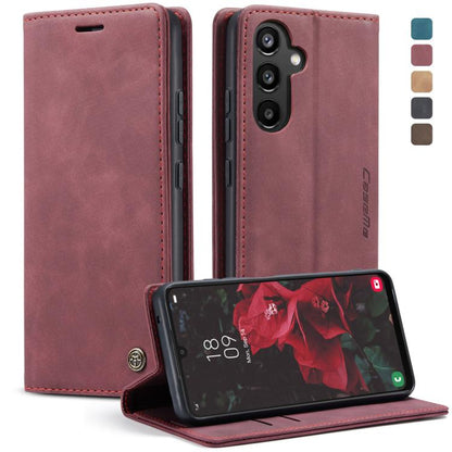 Wine red leather wallet-style phone case with card slots and flip cover