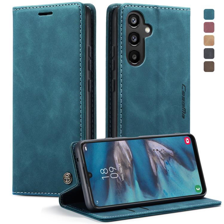 Blue leather flip phone case with card slots and front camera cutout