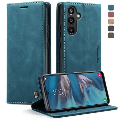Blue leather flip phone case with card slots and front camera cutout