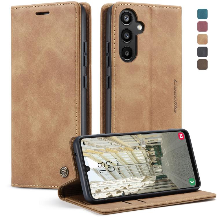 Tan leather flip phone case with camera cutout and card wallet