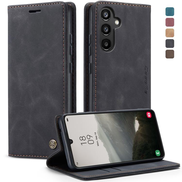 Dark gray leather flip phone case with camera cutout and stand