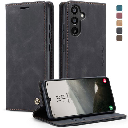 Dark gray leather flip phone case with camera cutout and stand