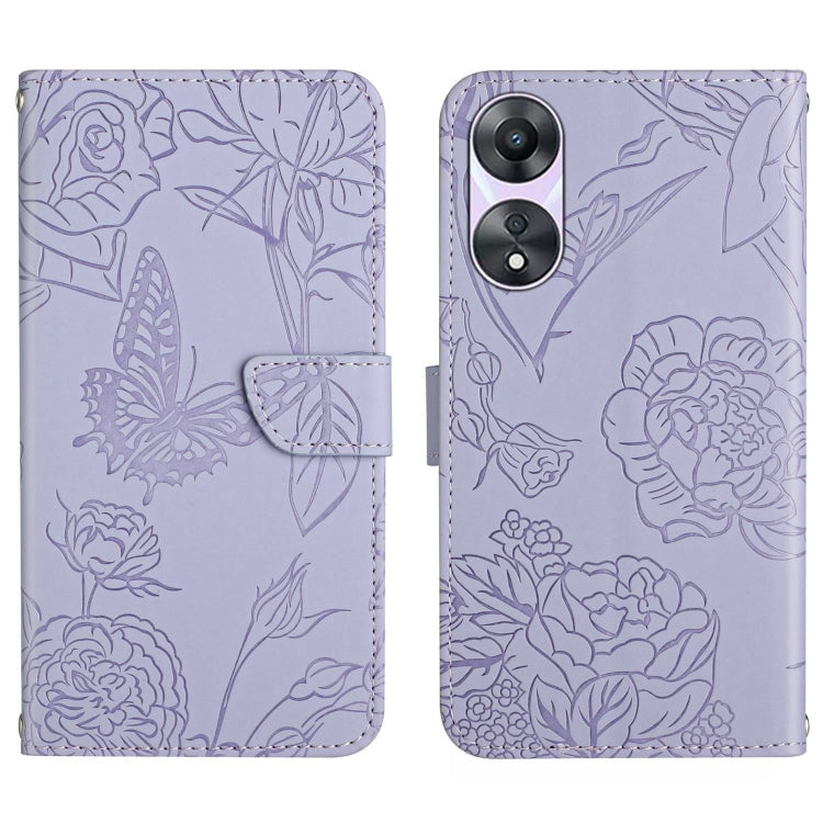 Purple butterfly embossed flip leather phone case with front flap and card pocket.