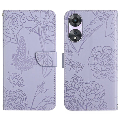 Purple butterfly embossed flip leather phone case with front flap and card pocket.