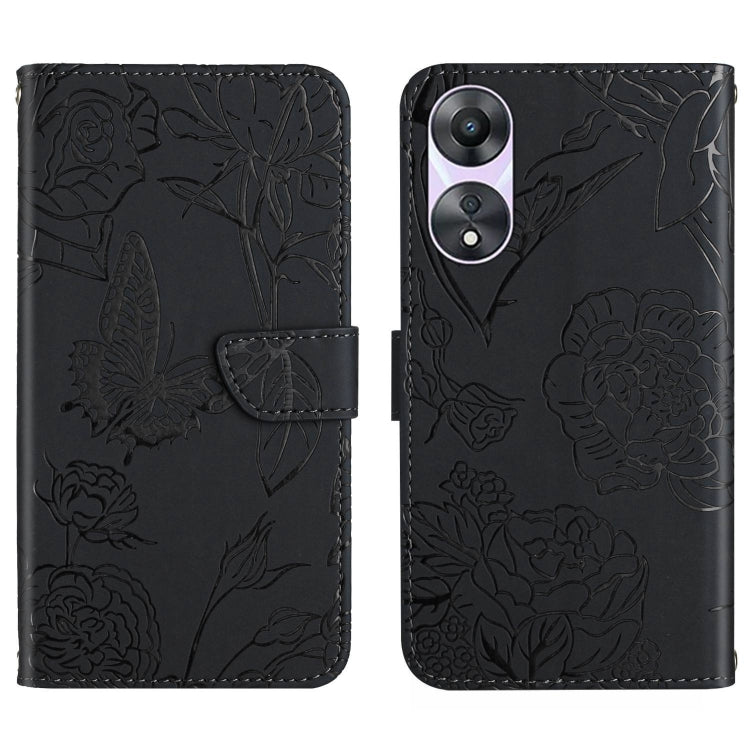 Black butterfly embossed flip leather phone case with card pocket and camera cutout.
