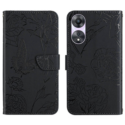 Black butterfly embossed flip leather phone case with card pocket and camera cutout.