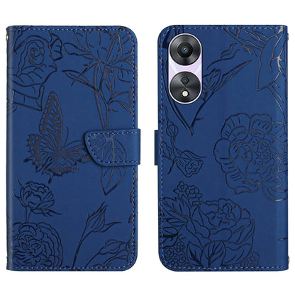 Blue butterfly embossed flip leather phone case with stitched front flap and card pocket.
