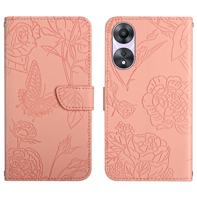 Pink butterfly embossed flip leather phone case with front flap and camera cutout.
