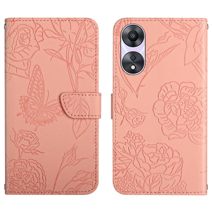 Pink butterfly embossed flip leather phone case with front flap and camera cutout.