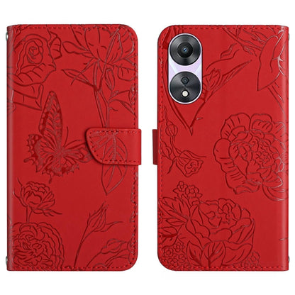 Red butterfly embossed flip leather phone case with front flap and camera cutout.