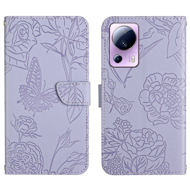 Purple butterfly-embossed leather flip phone case with front flap and camera cutout