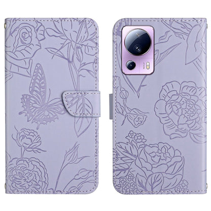 Purple butterfly-embossed leather flip phone case with front flap and camera cutout