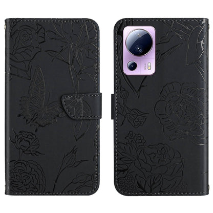 Black butterfly-embossed leather flip phone case with front flap and camera cutout