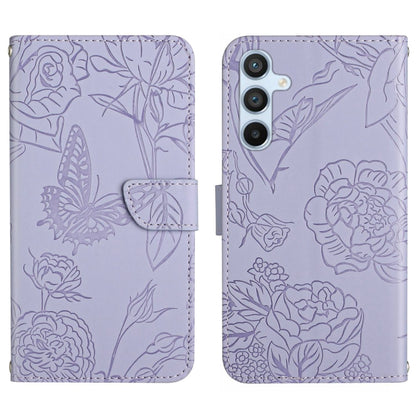 Purple butterfly-embossed leather flip phone case with front flap and triple camera cutout