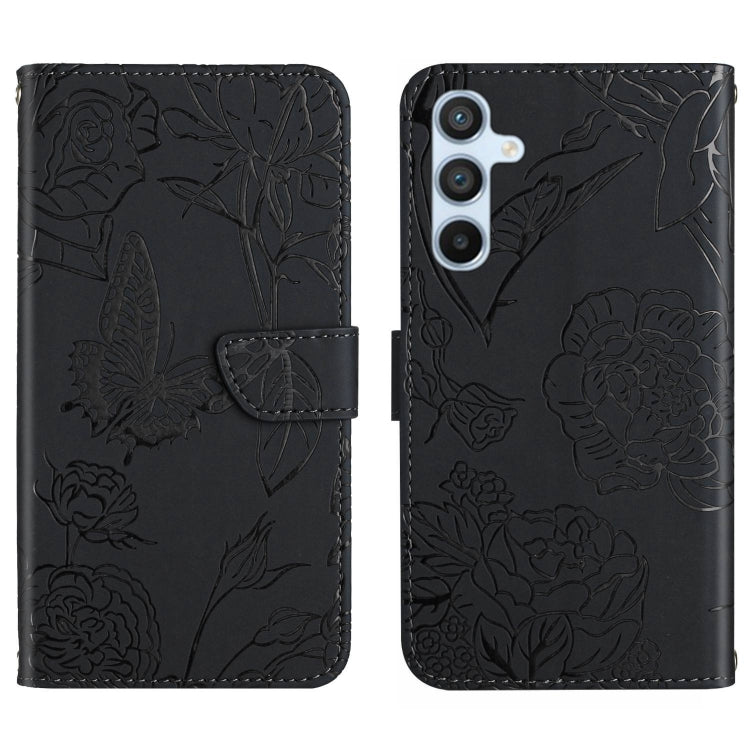 Black butterfly-embossed leather flip phone case with front flap and triple camera cutout
