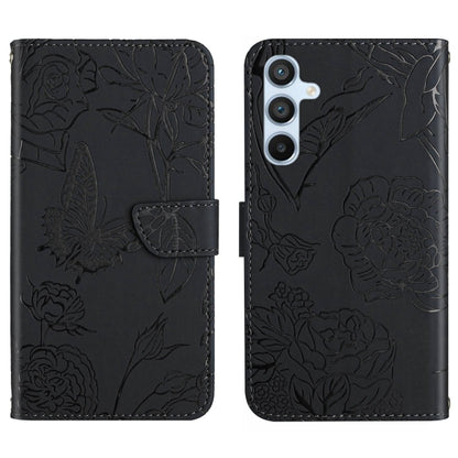 Black butterfly-embossed leather flip phone case with front flap and triple camera cutout