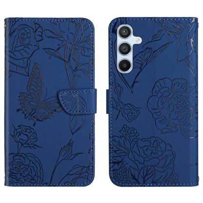 Blue butterfly-embossed leather flip phone case with front flap and triple camera cutout