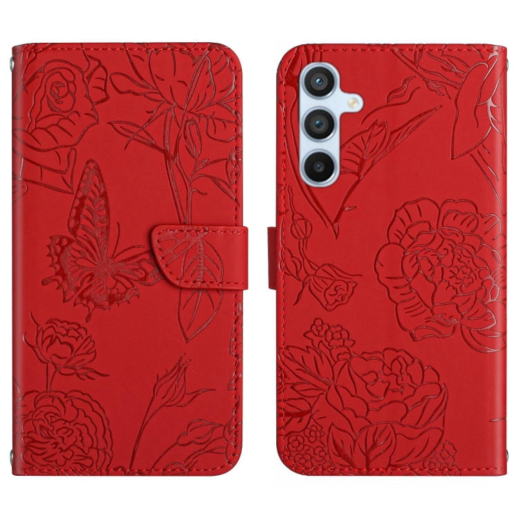 Red butterfly-embossed leather flip phone case with front flap and triple camera cutout