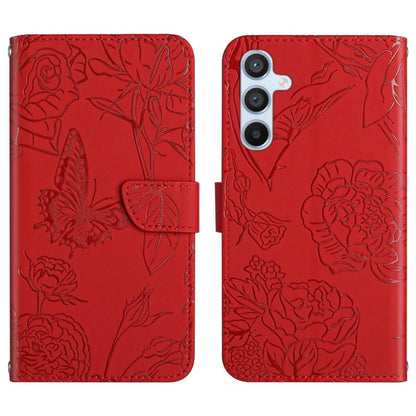 Red butterfly-embossed leather flip phone case with front flap and triple camera cutout