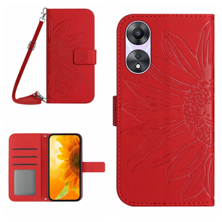 Red embossed flip leather phone case with lanyard, card slot, and camera cutouts