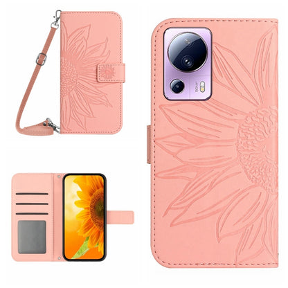 Sunflower embossed flip leather phone case with lanyard, rose pink, card slot.