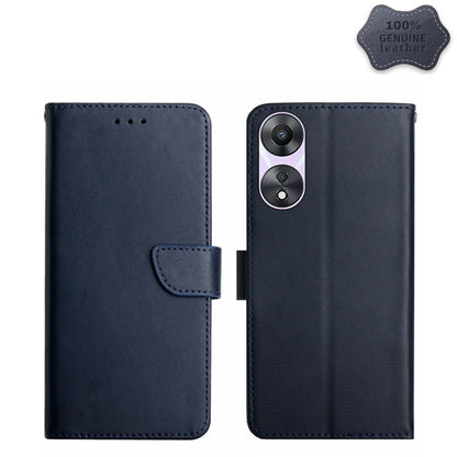 Genuine leather flip phone case with dual camera cutout, dark blue, secure strap closure