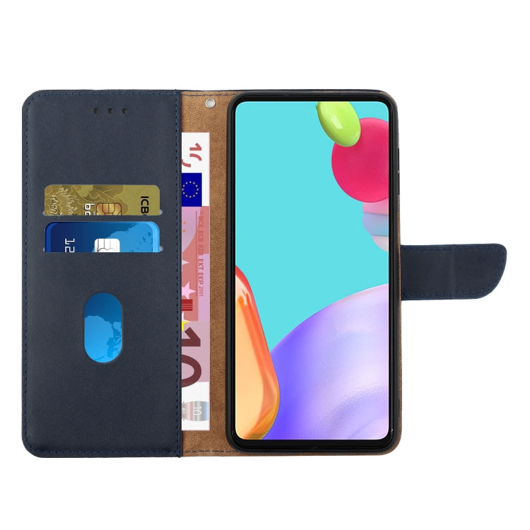 Genuine leather flip phone case with card slots and kickstand view, dark blue