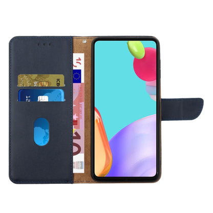 Genuine leather flip phone case with card slots and kickstand view, dark blue