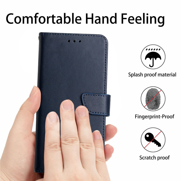 Genuine leather flip phone case with hand feel, dark blue, front strap and buttonholes