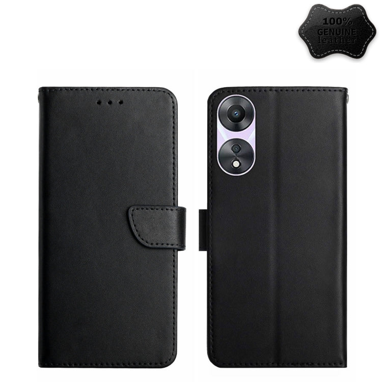 Genuine leather flip phone case with dual camera cutout, black, secure strap closure